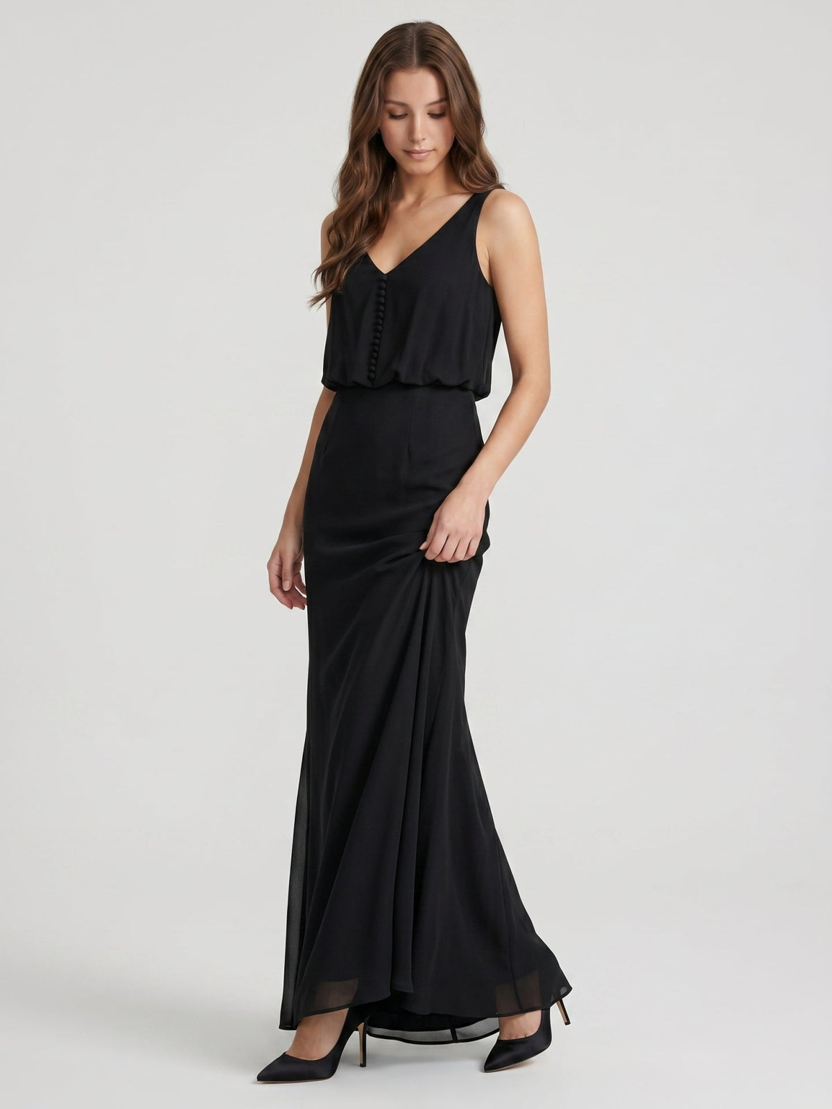Black Chiffon Column V-Neck V-Back Floor-Length Bridesmaid Dress - Curvevia
