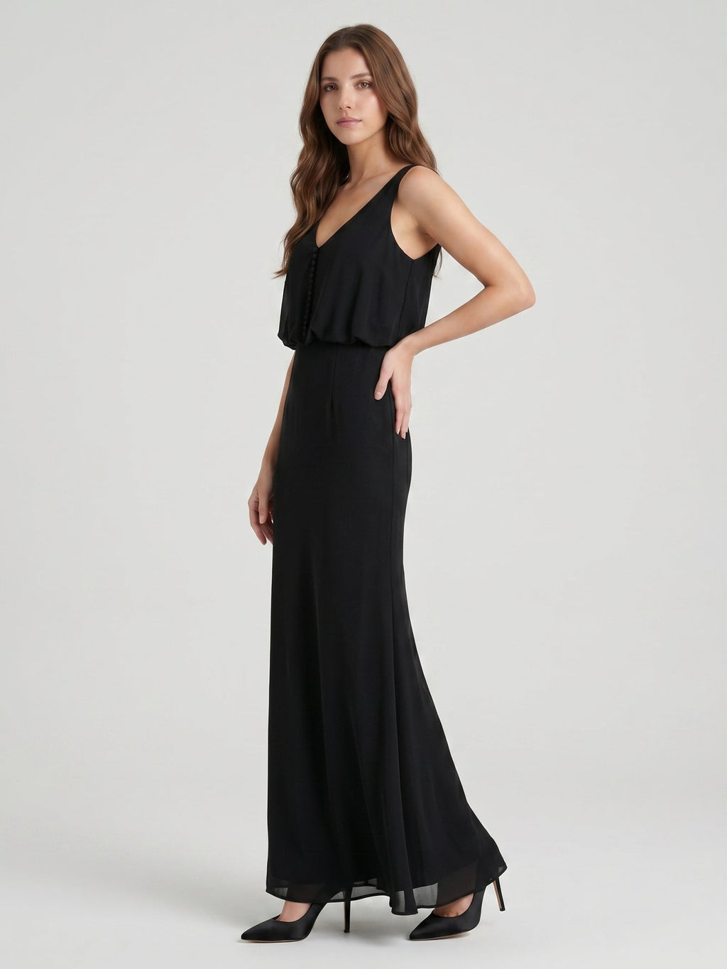 Black Chiffon Column V-Neck V-Back Floor-Length Bridesmaid Dress - Curvevia