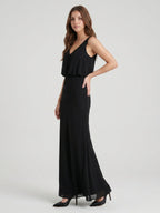 Black Chiffon Column V-Neck V-Back Floor-Length Bridesmaid Dress - Curvevia