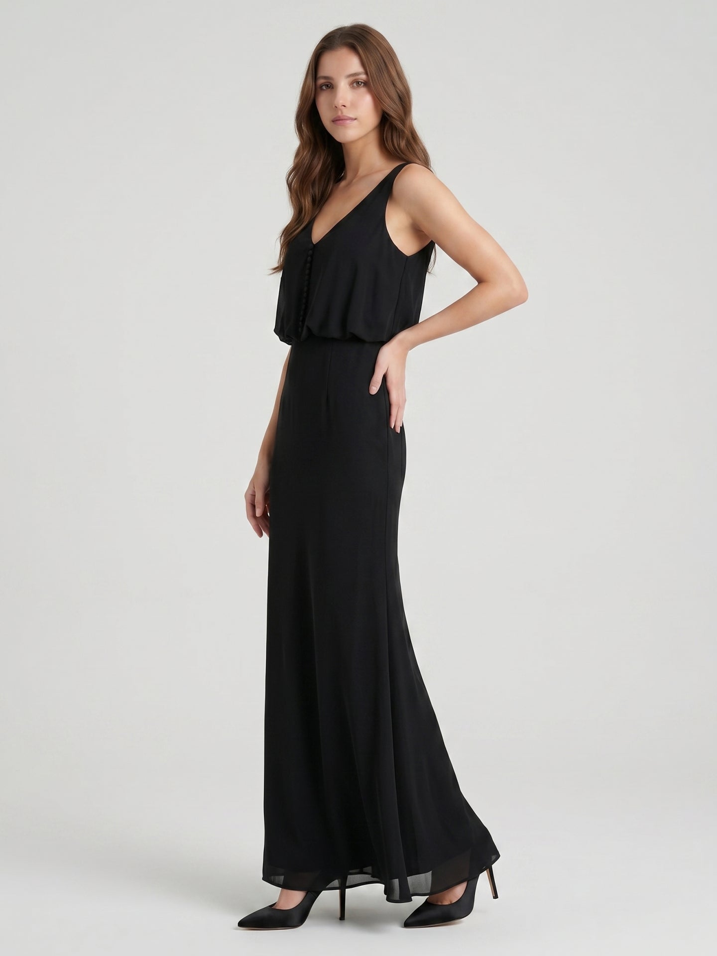 Black Chiffon Column V-Neck V-Back Floor-Length Bridesmaid Dress - Curvevia