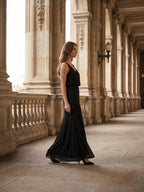 Black Chiffon Column V-Neck V-Back Floor-Length Bridesmaid Dress - Curvevia