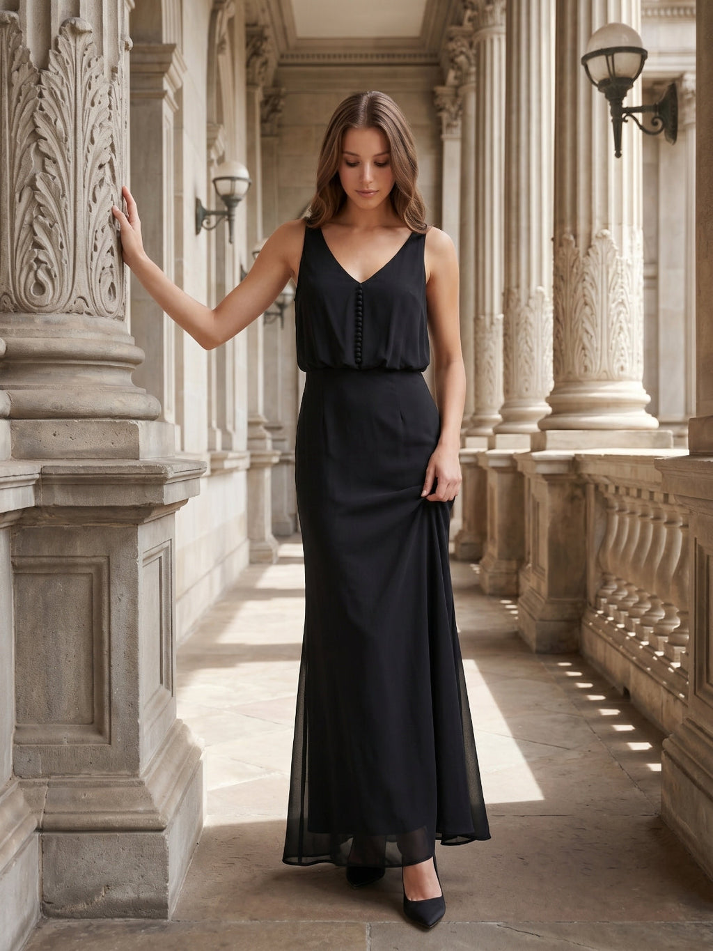 Black Chiffon Column V-Neck V-Back Floor-Length Bridesmaid Dress - Curvevia