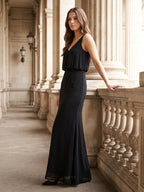 Black Chiffon Column V-Neck V-Back Floor-Length Bridesmaid Dress - Curvevia