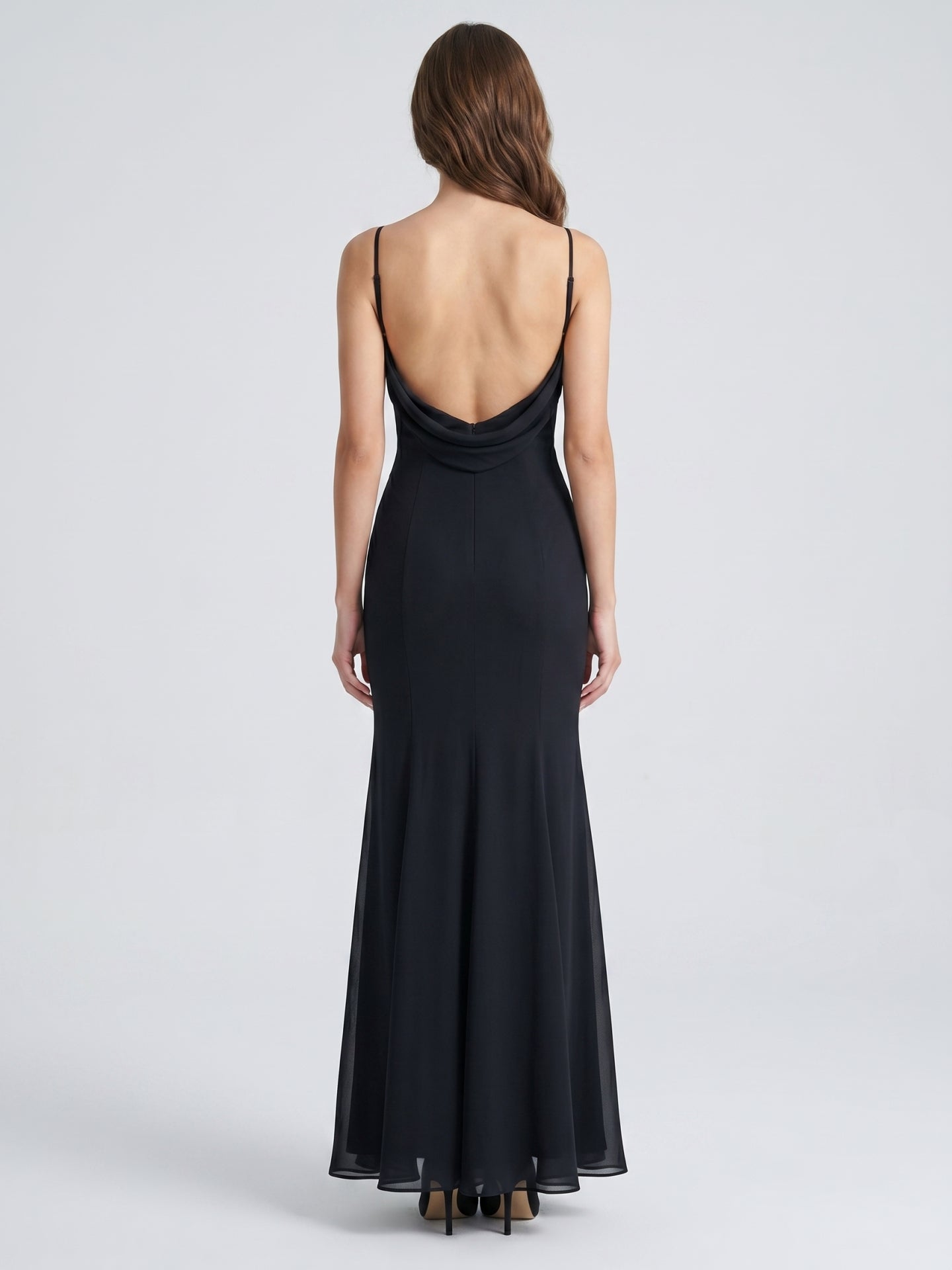 Black Chiffon Mermaid Scoop Neck Backless Floor-Length Bridesmaid Dress - Curvevia