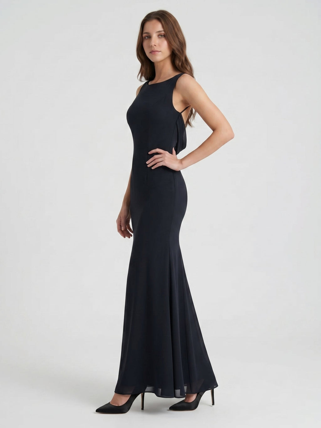 Black Chiffon Mermaid Scoop Neck Backless Floor-Length Bridesmaid Dress - Curvevia