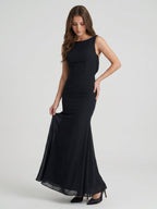 Black Chiffon Mermaid Scoop Neck Backless Floor-Length Bridesmaid Dress - Curvevia