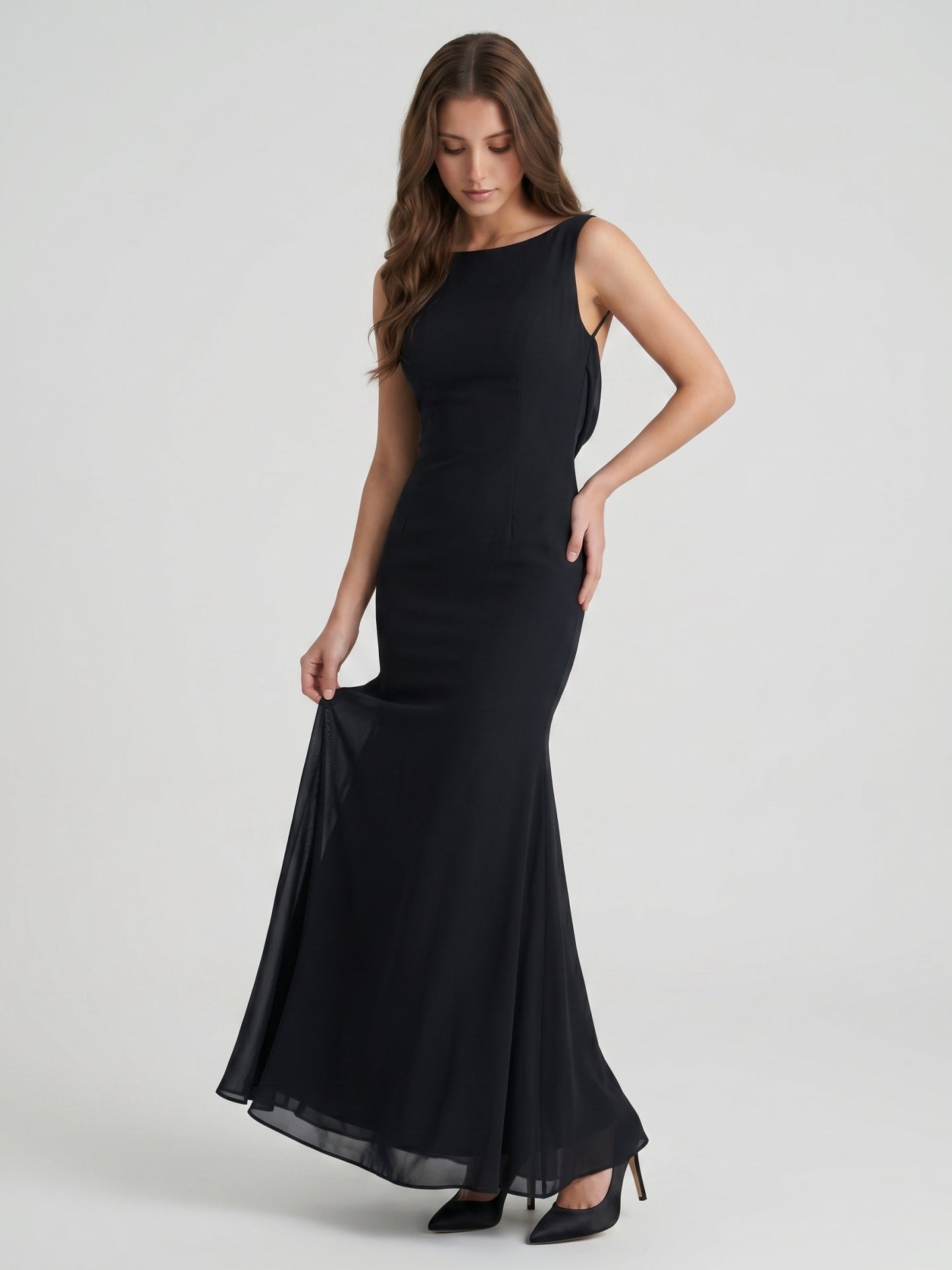 Black Chiffon Mermaid Scoop Neck Backless Floor-Length Bridesmaid Dress - Curvevia