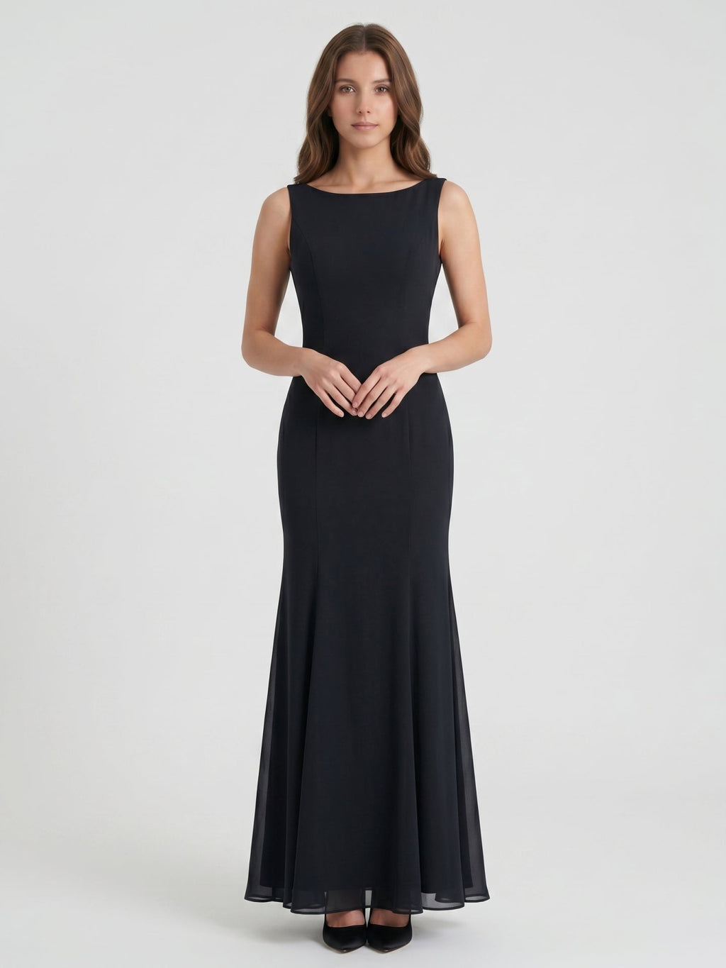 Black Chiffon Mermaid Scoop Neck Backless Floor-Length Bridesmaid Dress - Curvevia