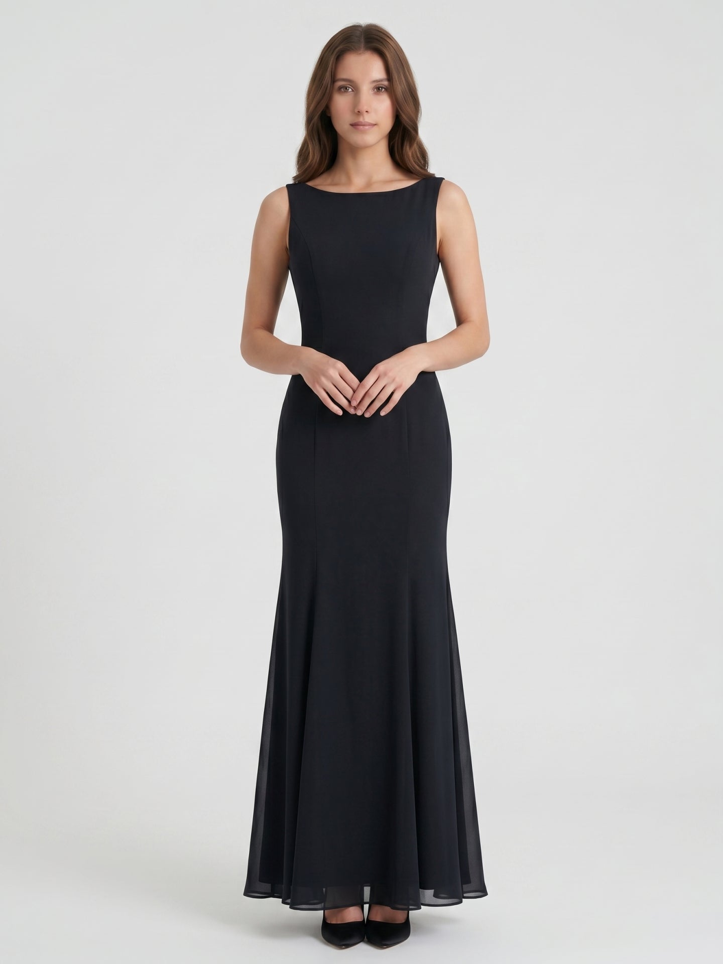 Black Chiffon Mermaid Scoop Neck Backless Floor-Length Bridesmaid Dress - Curvevia