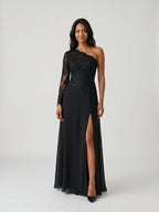Black Chiffon Sheath One Shoulder Back Zip Floor-Length Dress with Sequins - Curvevia
