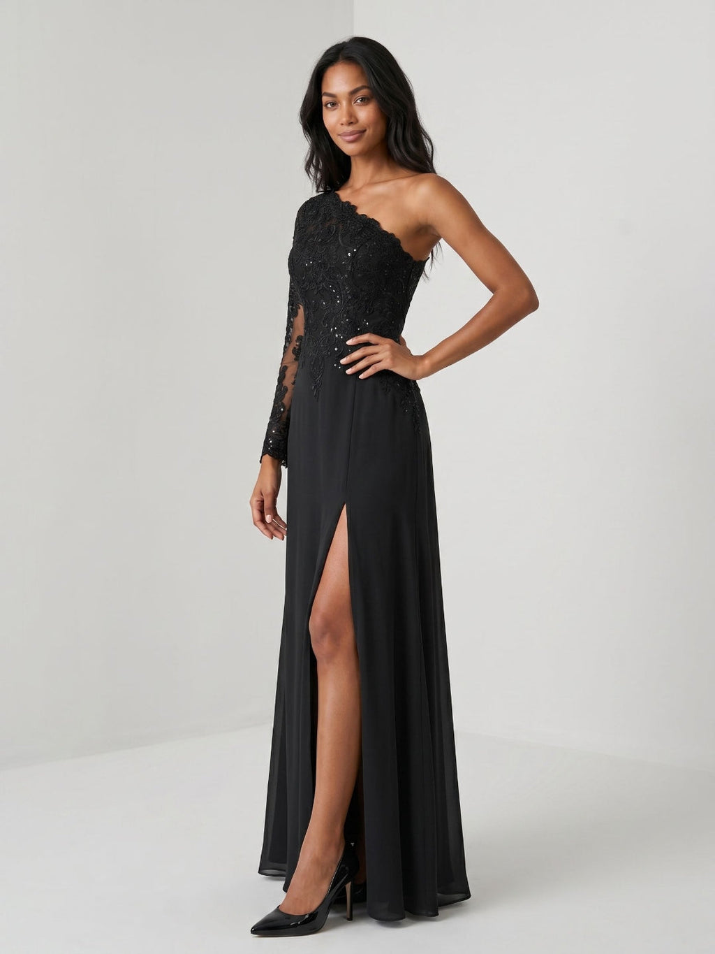 Black Chiffon Sheath One Shoulder Back Zip Floor-Length Dress with Sequins - Curvevia