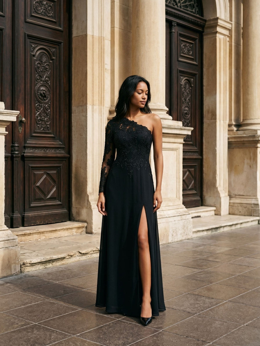 Black Chiffon Sheath One Shoulder Back Zip Floor-Length Dress with Sequins - Curvevia