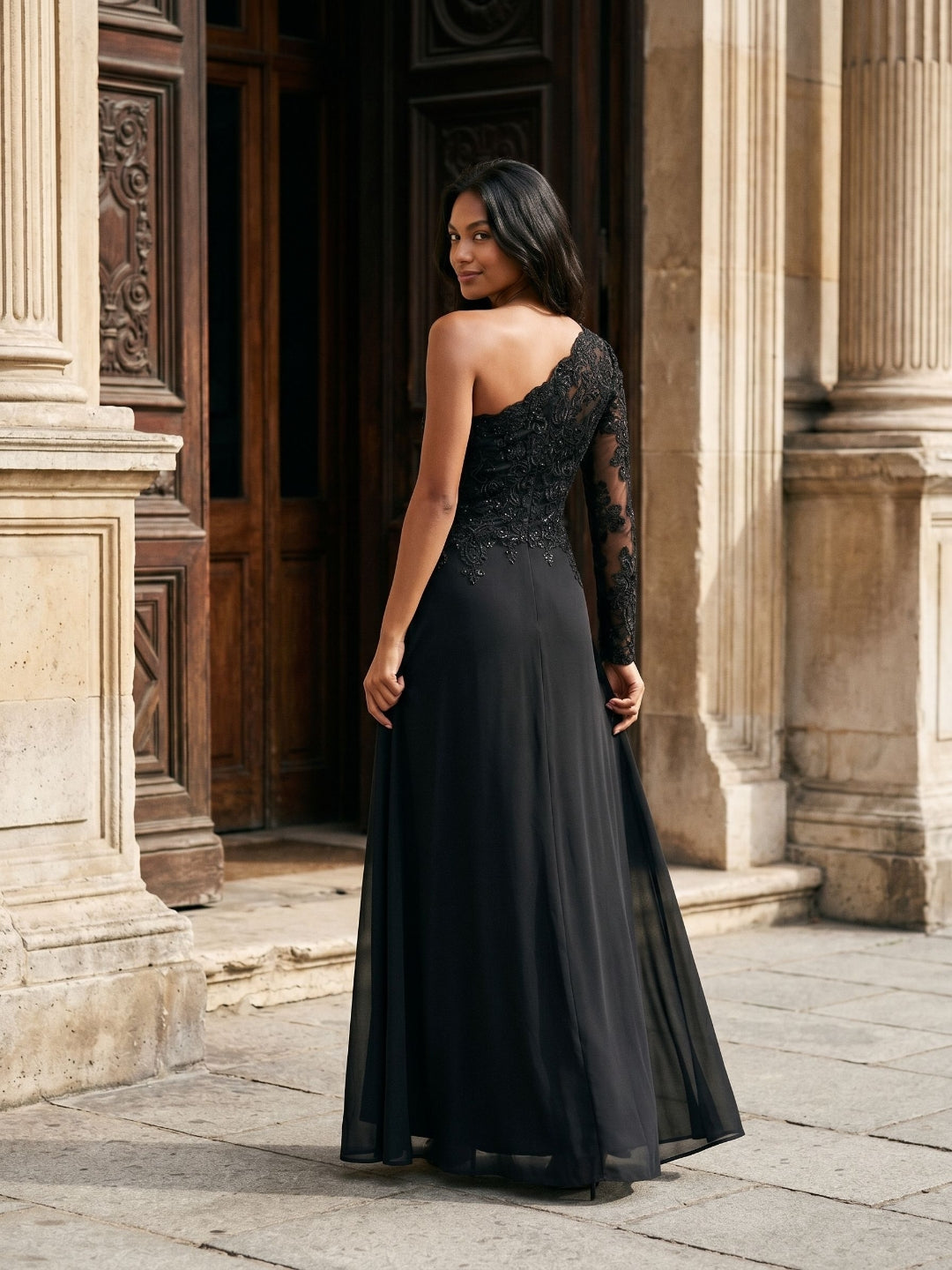 Black Chiffon Sheath One Shoulder Back Zip Floor-Length Dress with Sequins - Curvevia