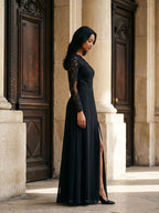 Black Chiffon Sheath One Shoulder Back Zip Floor-Length Dress with Sequins - Curvevia