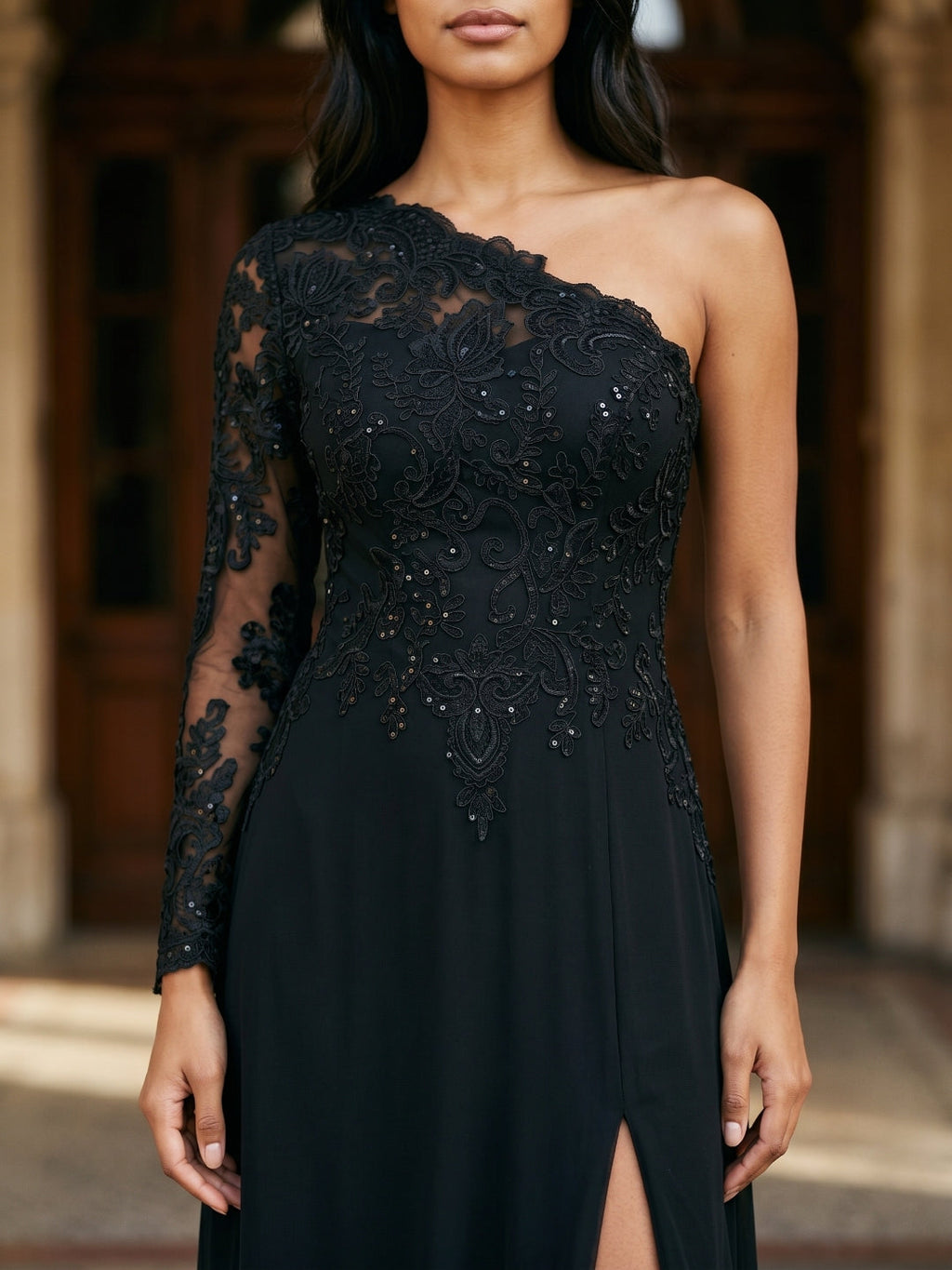 Black Chiffon Sheath One Shoulder Back Zip Floor-Length Dress with Sequins - Curvevia