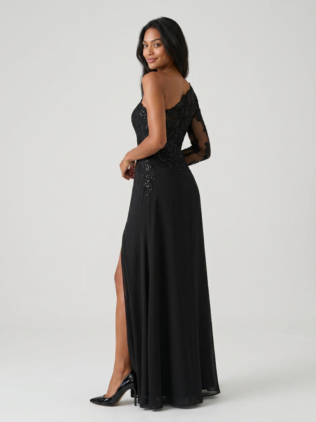 Black Chiffon Sheath One Shoulder Back Zip Floor-Length Dress with Sequins - Curvevia