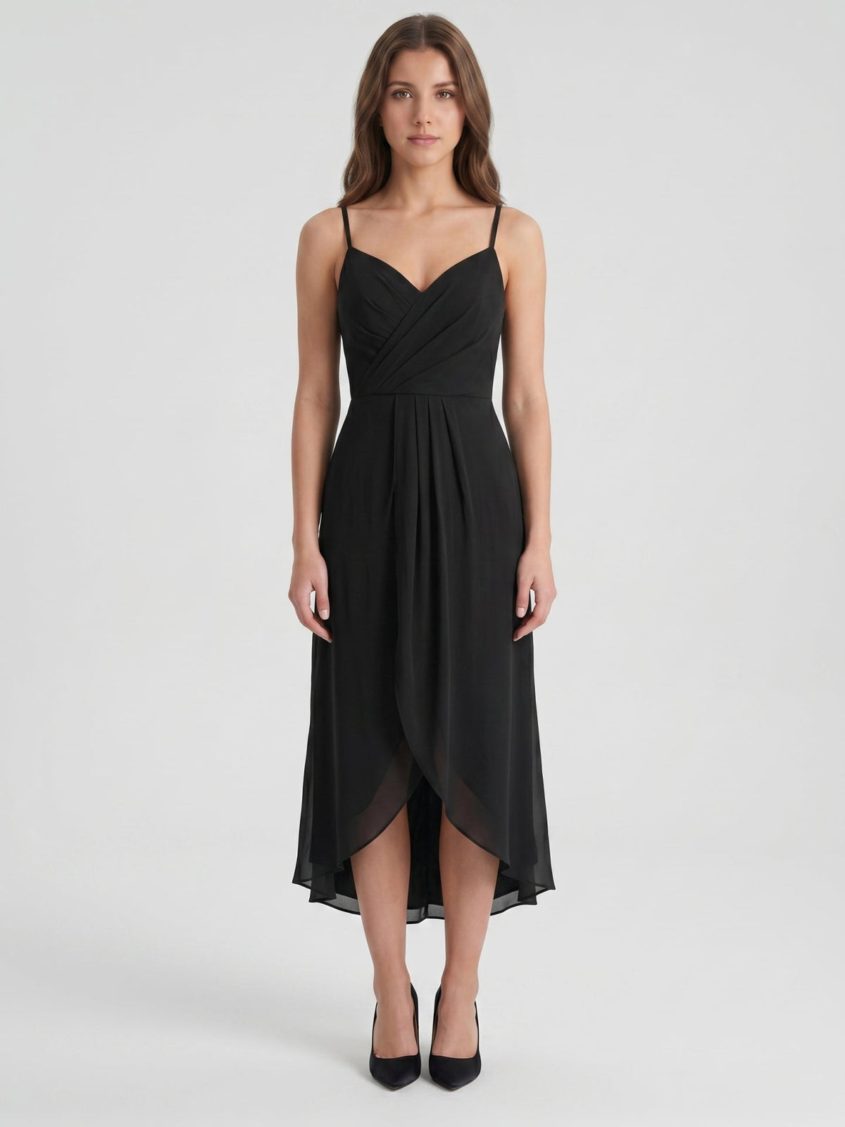 Black Chiffon Sheath Sweetheart Backless Asymmetrical Pleated Bridesmaid Dress - Curvevia