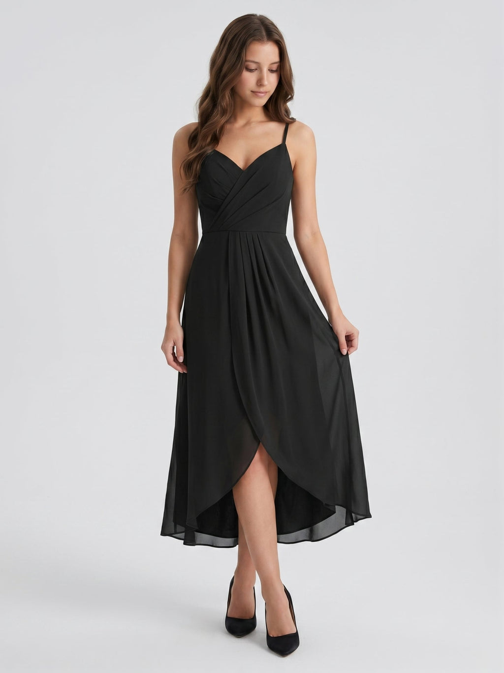 Black Chiffon Sheath Sweetheart Backless Asymmetrical Pleated Bridesmaid Dress - Curvevia