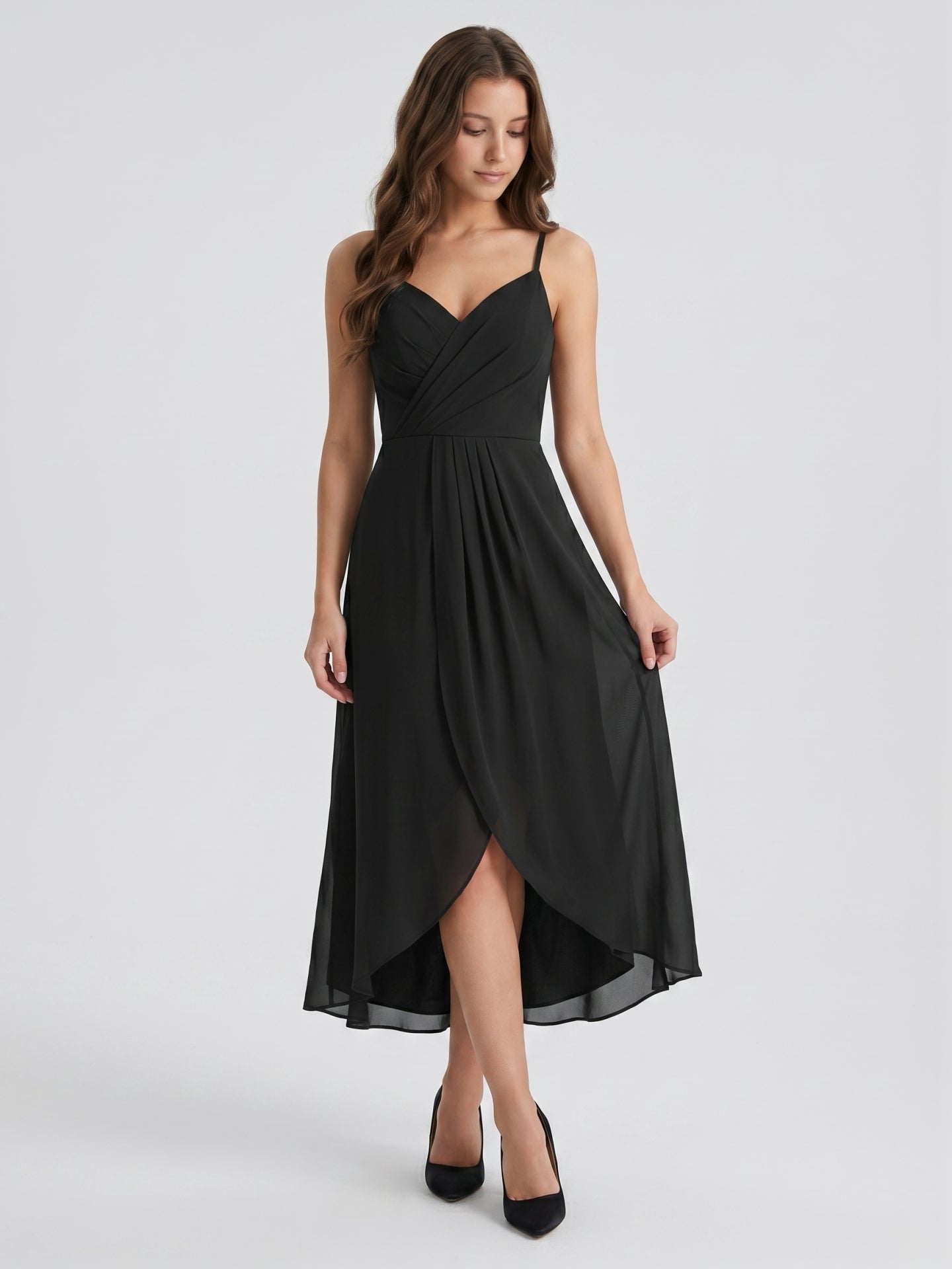 Black Chiffon Sheath Sweetheart Backless Asymmetrical Pleated Bridesmaid Dress - Curvevia