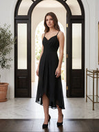 Black Chiffon Sheath Sweetheart Backless Asymmetrical Pleated Bridesmaid Dress - Curvevia