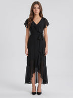 Black Chiffon Sheath V-Neck Back Zip Asymmetrical Ruffle Bridesmaid Dress - Curvevia