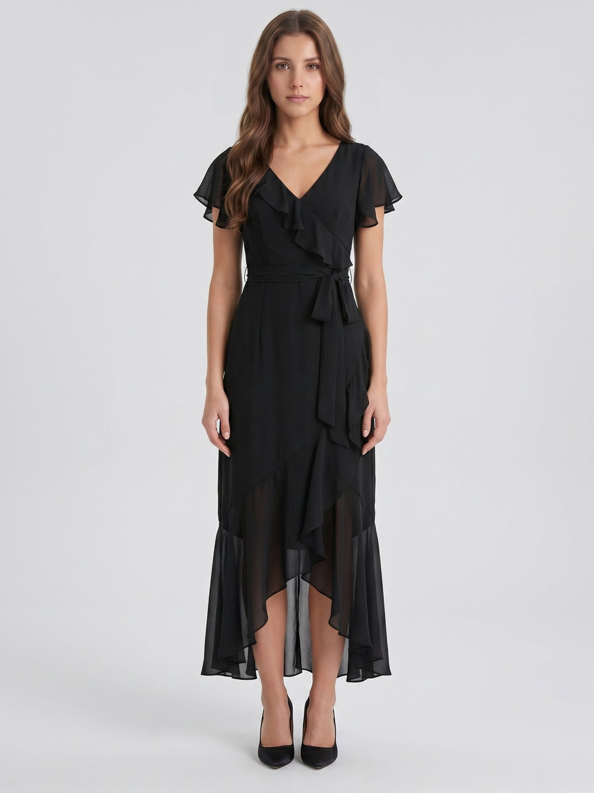 Black Chiffon Sheath V-Neck Back Zip Asymmetrical Ruffle Bridesmaid Dress - Curvevia