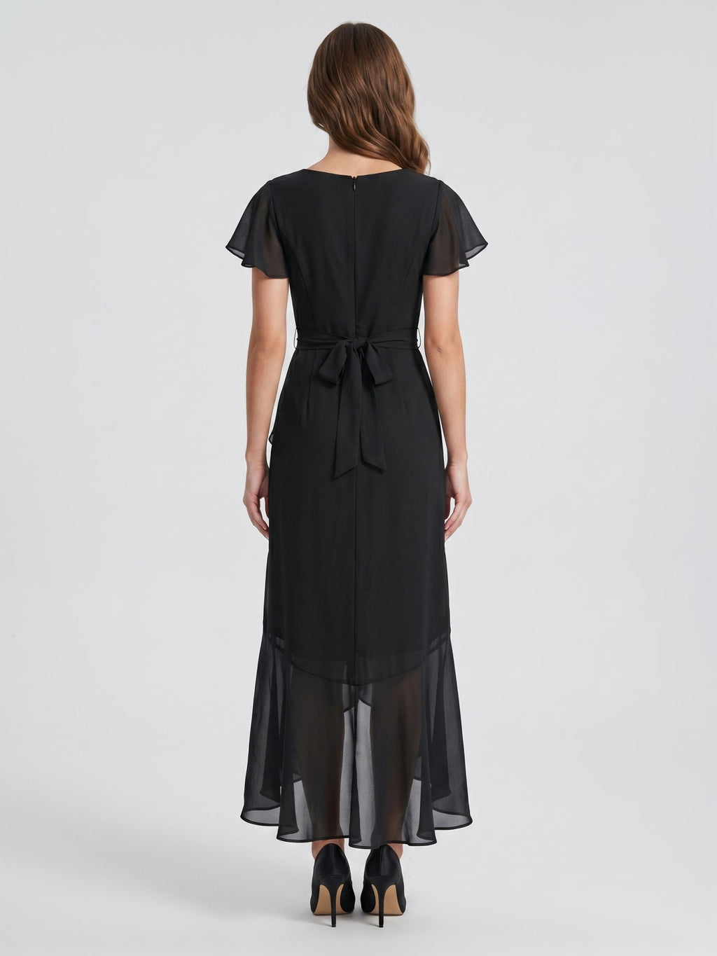 Black Chiffon Sheath V-Neck Back Zip Asymmetrical Ruffle Bridesmaid Dress - Curvevia