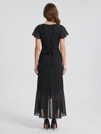 Black Chiffon Sheath V-Neck Back Zip Asymmetrical Ruffle Bridesmaid Dress - Curvevia