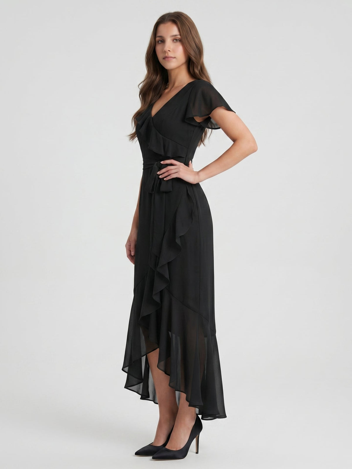 Black Chiffon Sheath V-Neck Back Zip Asymmetrical Ruffle Bridesmaid Dress - Curvevia