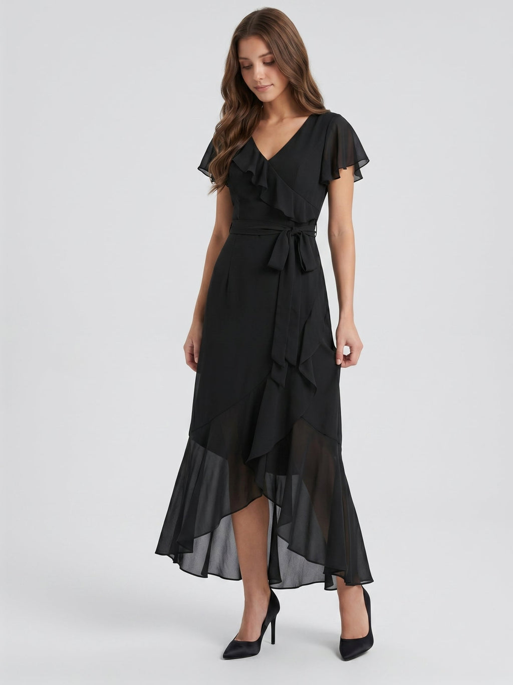Black Chiffon Sheath V-Neck Back Zip Asymmetrical Ruffle Bridesmaid Dress - Curvevia