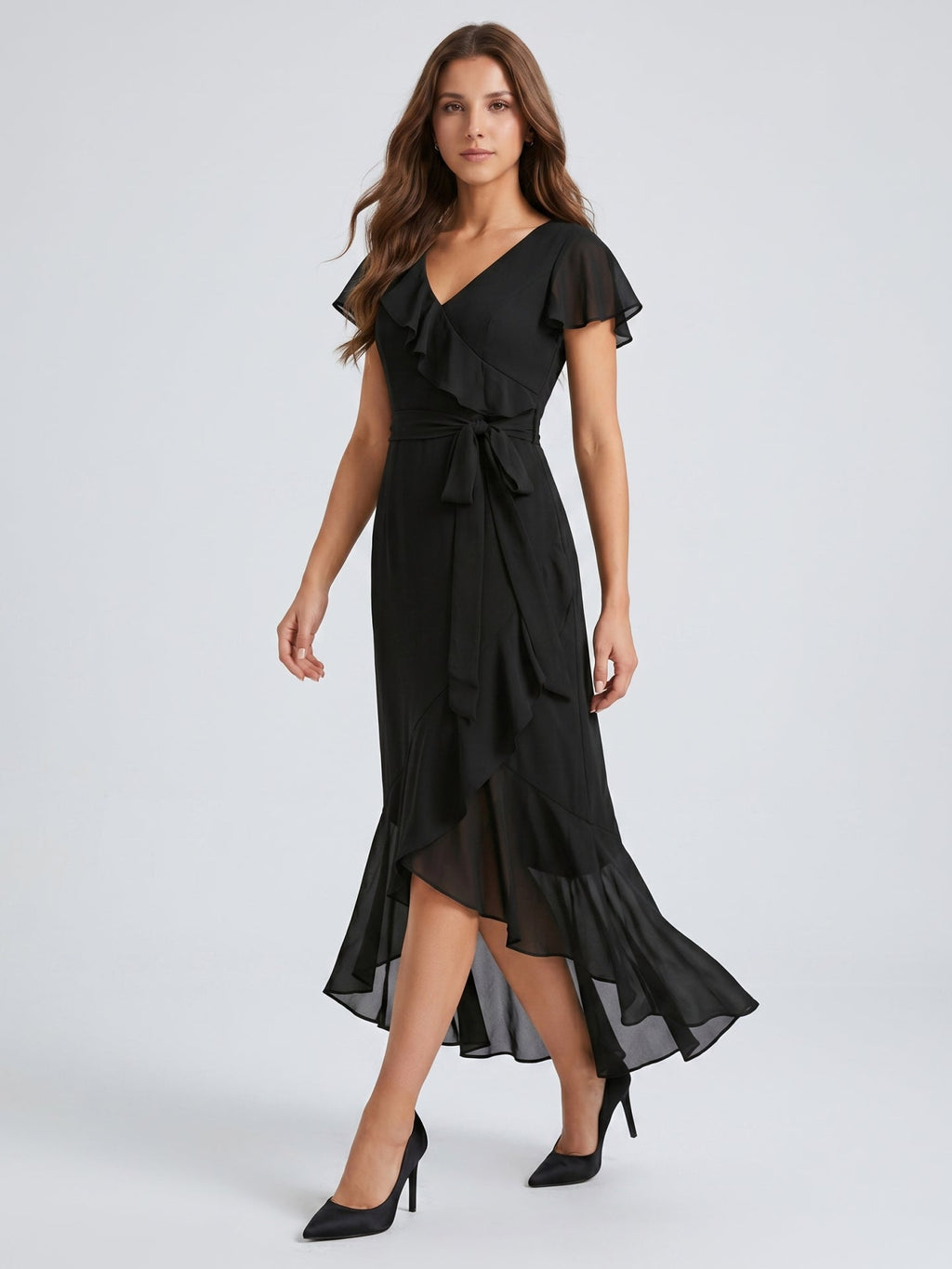 Black Chiffon Sheath V-Neck Back Zip Asymmetrical Ruffle Bridesmaid Dress - Curvevia