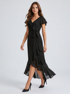 Black Chiffon Sheath V-Neck Back Zip Asymmetrical Ruffle Bridesmaid Dress - Curvevia