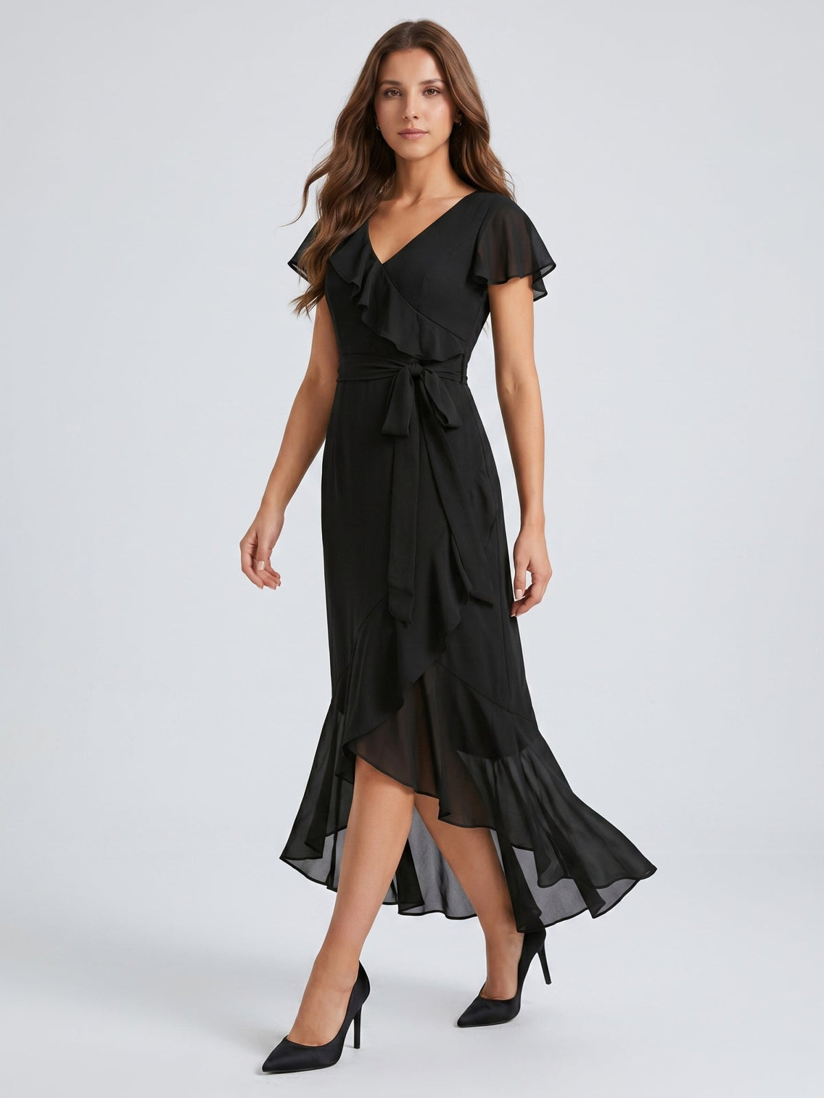 Black Chiffon Sheath V-Neck Back Zip Asymmetrical Ruffle Bridesmaid Dress - Curvevia