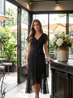 Black Chiffon Sheath V-Neck Back Zip Asymmetrical Ruffle Bridesmaid Dress - Curvevia