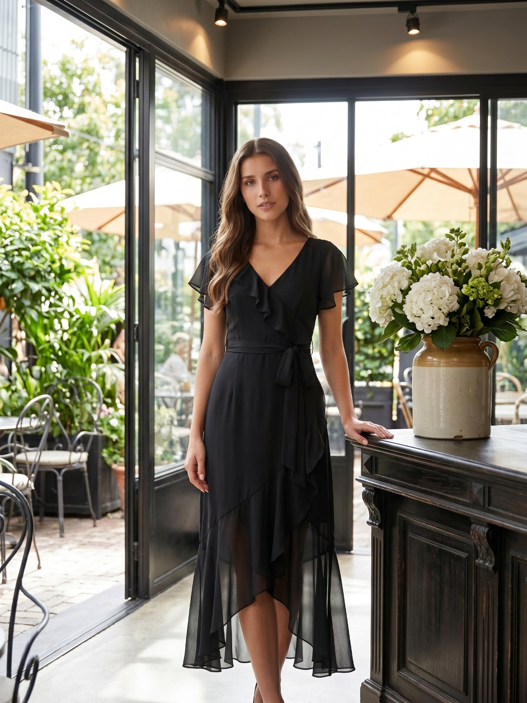Black Chiffon Sheath V-Neck Back Zip Asymmetrical Ruffle Bridesmaid Dress - Curvevia