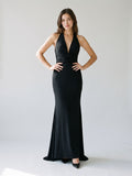 Black Chiffon Sheath V-Neck Backless Floor-Length Formal Dress with 3D Flowers - Curvevia