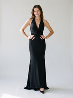 Black Chiffon Sheath V-Neck Backless Floor-Length Formal Dress with 3D Flowers - Curvevia
