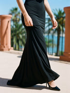 Black Chiffon Sheath V-Neck Backless Floor-Length Formal Dress with 3D Flowers - Curvevia