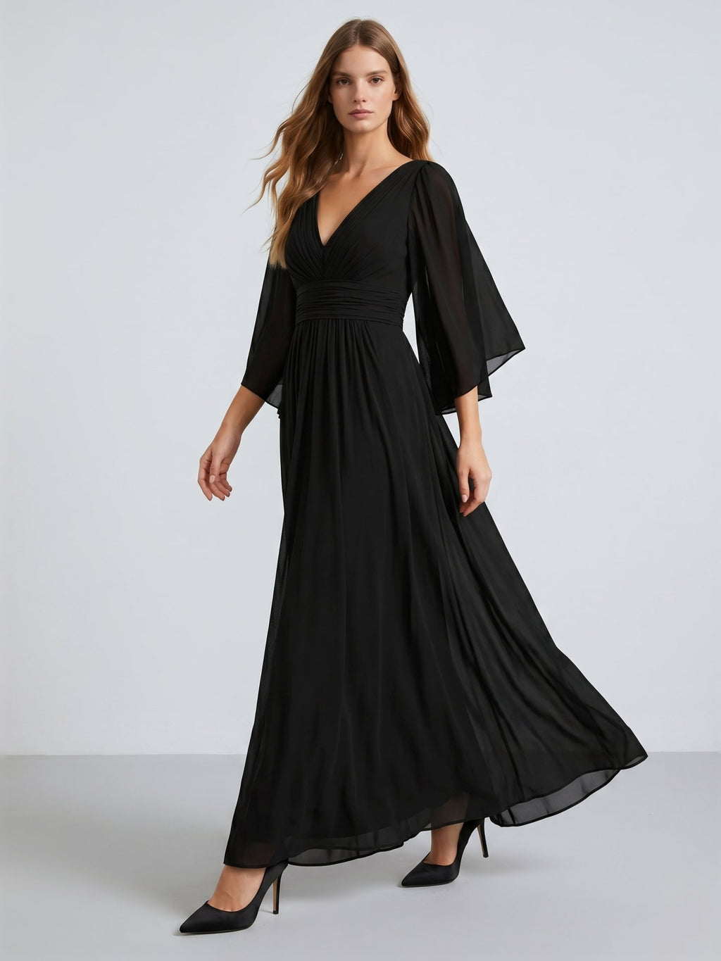 Black Chiffon Sheath V-Neck V-Back Floor-Length Pleated Bridesmaid Dress - Curvevia