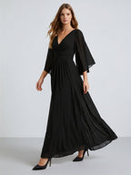 Black Chiffon Sheath V-Neck V-Back Floor-Length Pleated Bridesmaid Dress - Curvevia