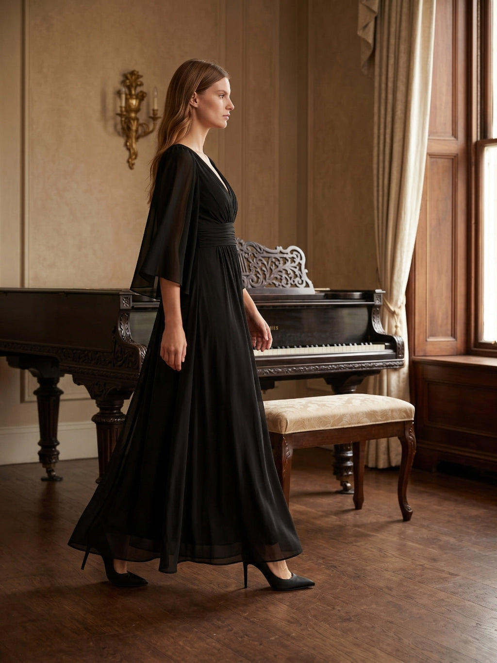 Black Chiffon Sheath V-Neck V-Back Floor-Length Pleated Bridesmaid Dress - Curvevia