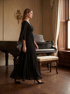 Black Chiffon Sheath V-Neck V-Back Floor-Length Pleated Bridesmaid Dress - Curvevia