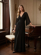 Black Chiffon Sheath V-Neck V-Back Floor-Length Pleated Bridesmaid Dress - Curvevia