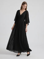 Black Chiffon Sheath V-Neck V-Back Floor-Length Pleated Bridesmaid Dress - Curvevia