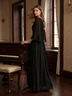 Black Chiffon Sheath V-Neck V-Back Floor-Length Pleated Bridesmaid Dress - Curvevia