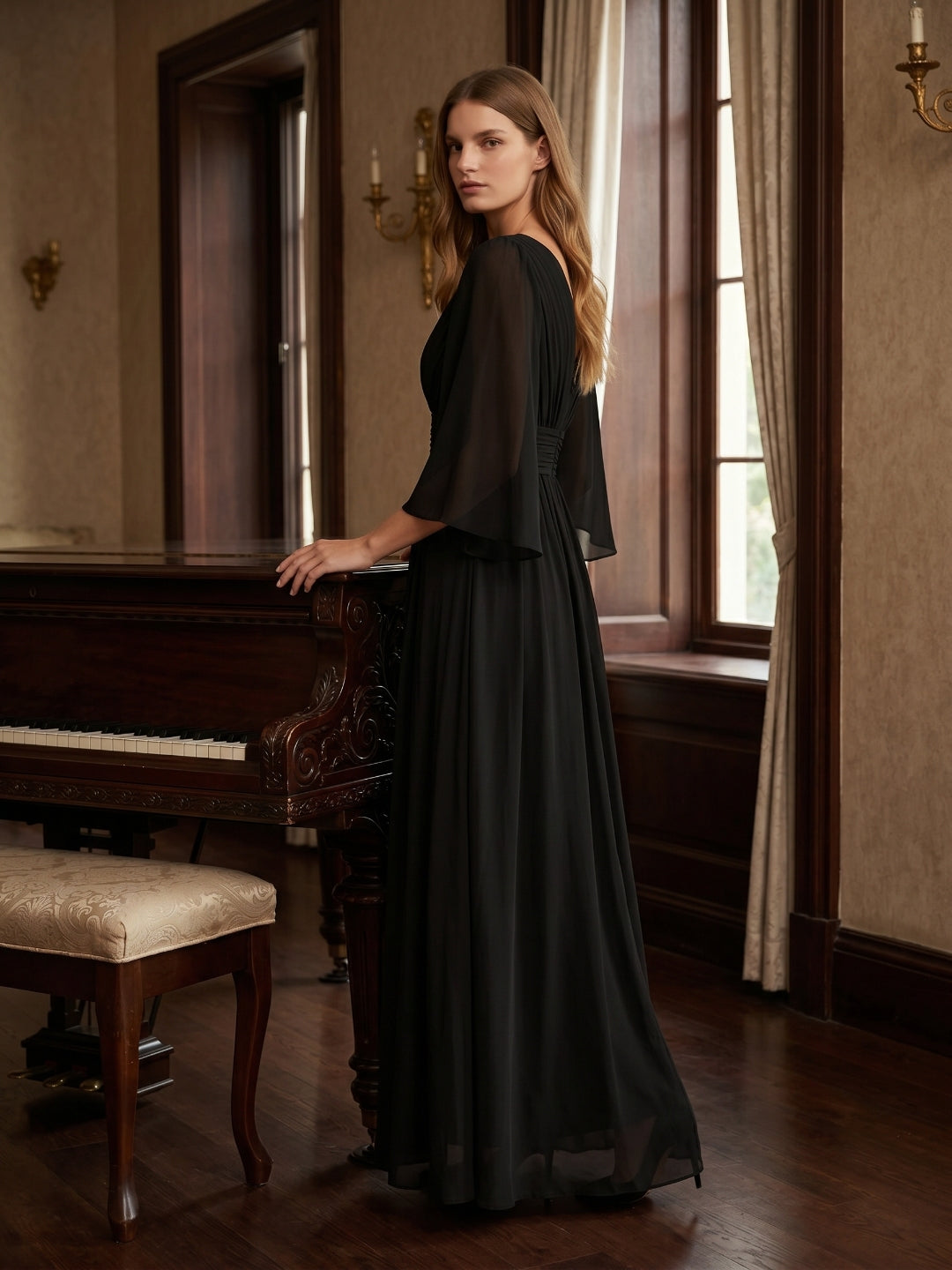 Black Chiffon Sheath V-Neck V-Back Floor-Length Pleated Bridesmaid Dress - Curvevia
