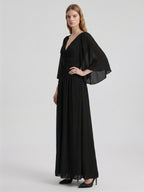 Black Chiffon Sheath V-Neck V-Back Floor-Length Pleated Bridesmaid Dress - Curvevia