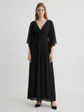 Black Chiffon Sheath V-Neck V-Back Floor-Length Pleated Bridesmaid Dress - Curvevia