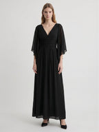 Black Chiffon Sheath V-Neck V-Back Floor-Length Pleated Bridesmaid Dress - Curvevia