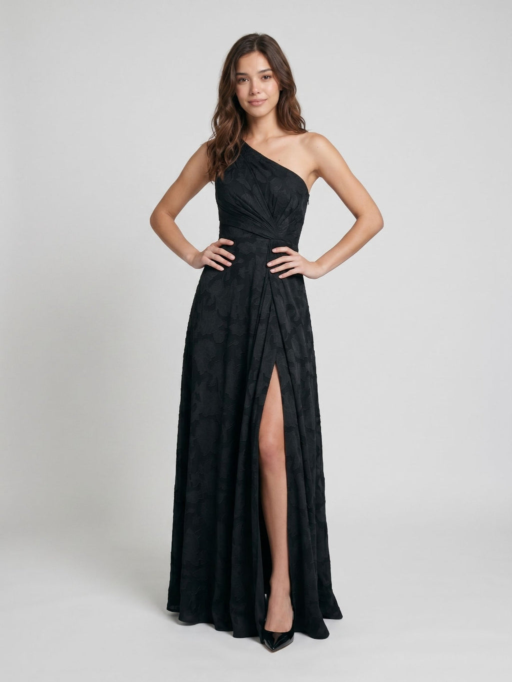 Black Jacquard A-Line One Shoulder Back Zip Floor-Length Formal Dress with Pleating - Curvevia